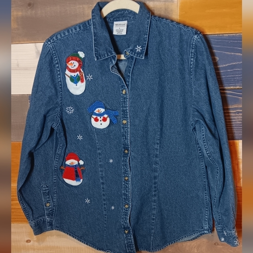 Westbound Vintage Snowman Holiday Denim Shirt L